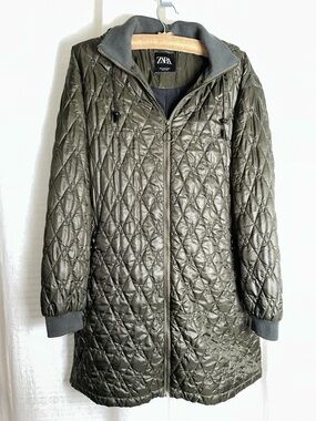 ZARA M Olive Camo Army Green Lightweight Full Zip Quilted Puffer Parka Jacket